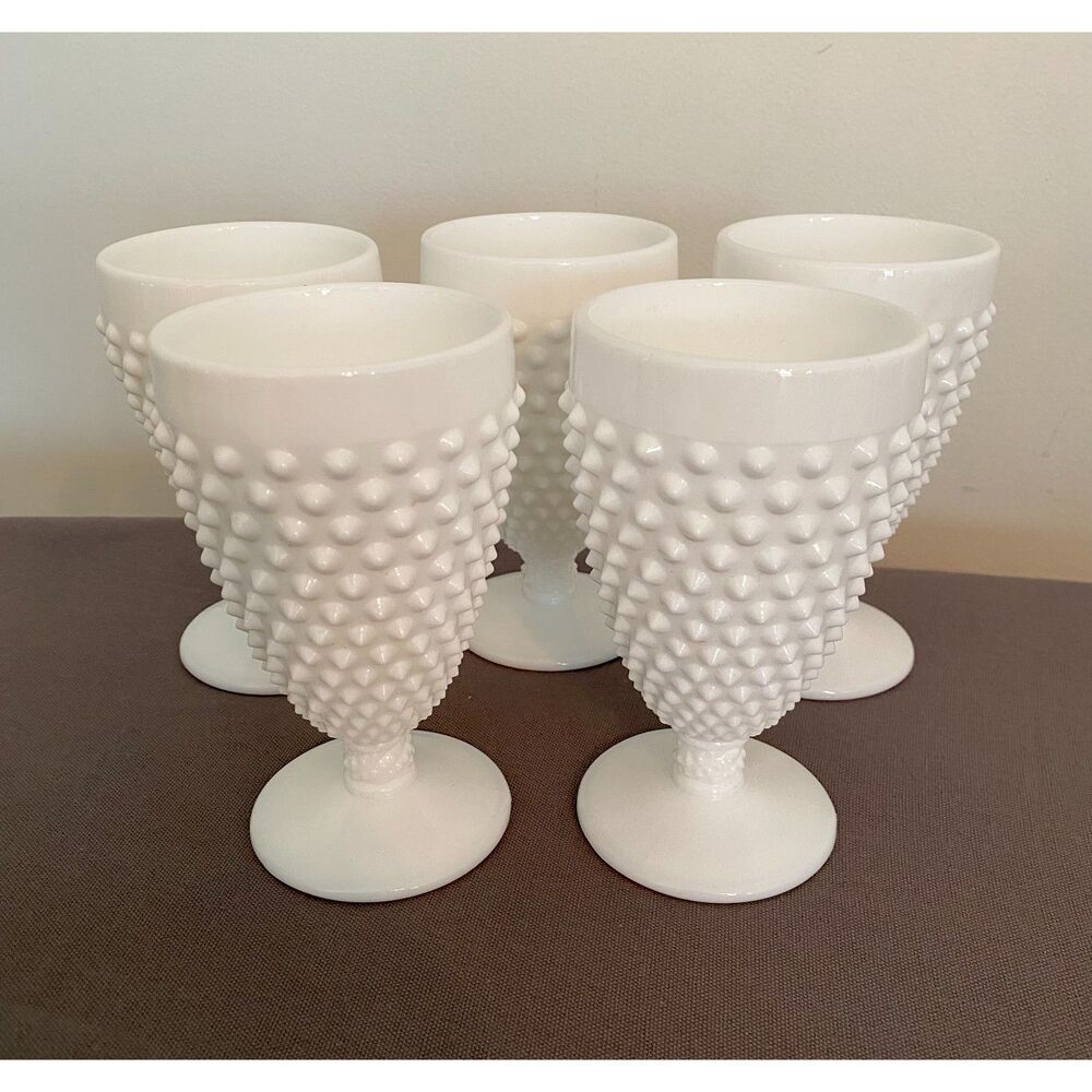 VTG White Milk Glass Hobnail Goblets Set of 5 Water Wine Glasses Unmarked MCM